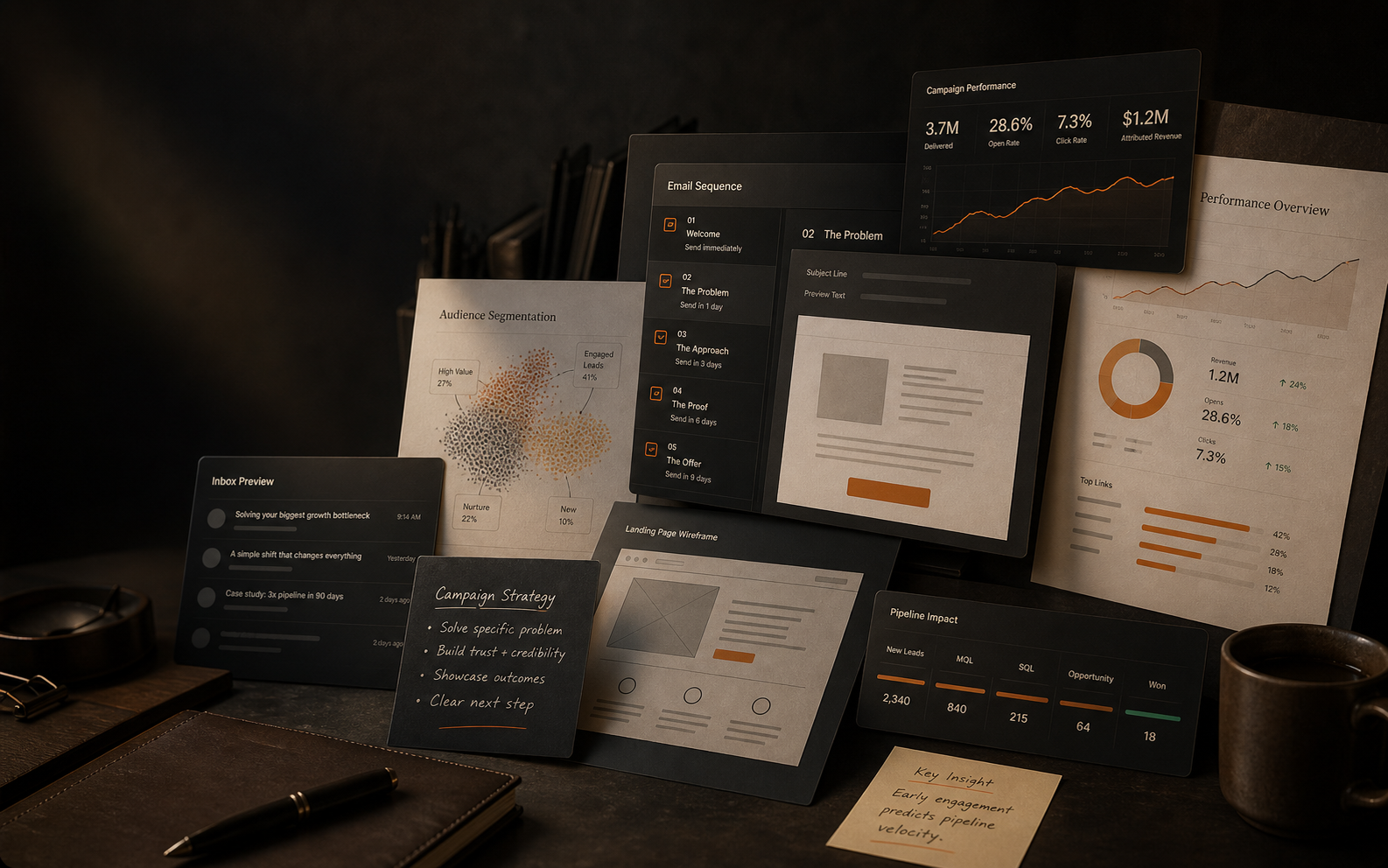 Layered email campaign strategy artifacts with email sequence cards, audience segmentation, performance dashboards, landing page wireframes, and campaign reports.
